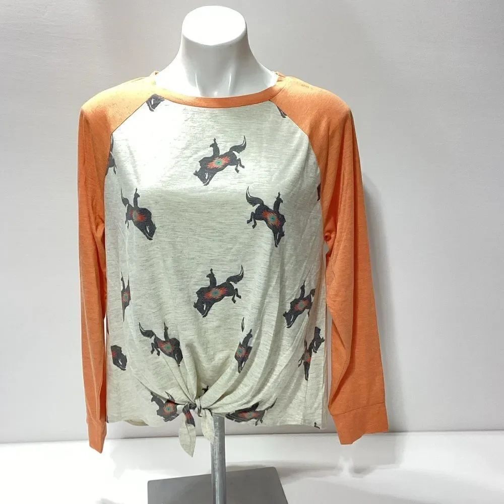 Cruel Denim Shirt Western Bucking Horse Tie Front Long Sleeve T- Shirt Material